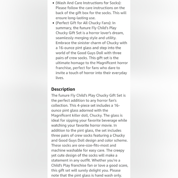 Culture Fly Child's Play Chucky 4 Piece Gift Set 3 Sock Pairs Pint Glass Sz 14+ - Picture 5 of 11